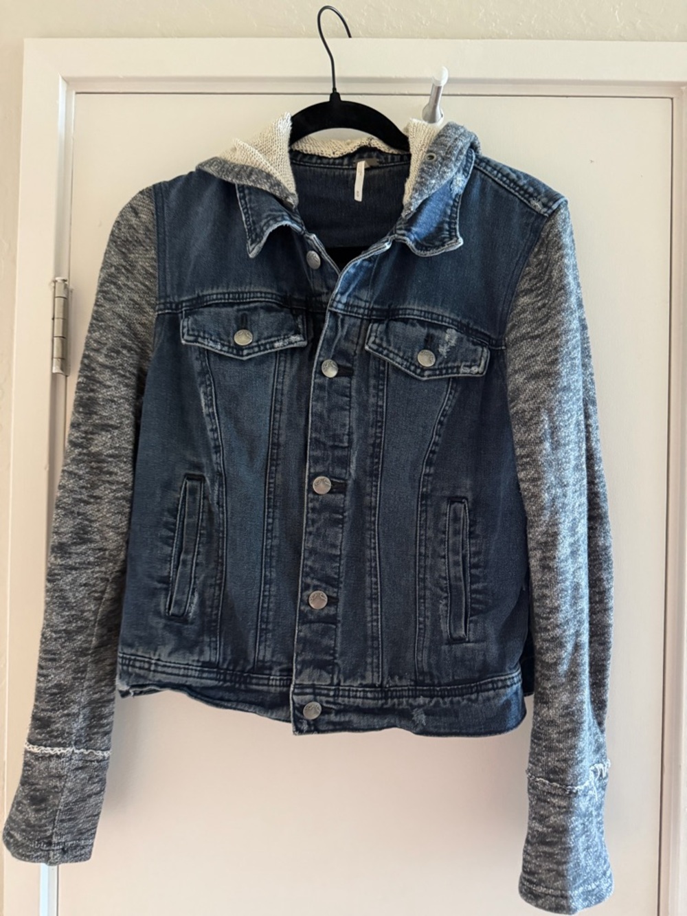 Free People Indigo Denim Jacket with Heather Gray Knit Sleeves
